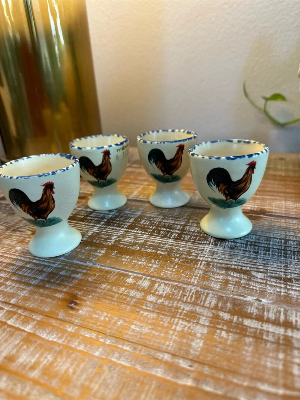 Vintage Ceramic Egg Cups Hand-painted Rooster Design Blue Sponged Rim Easter